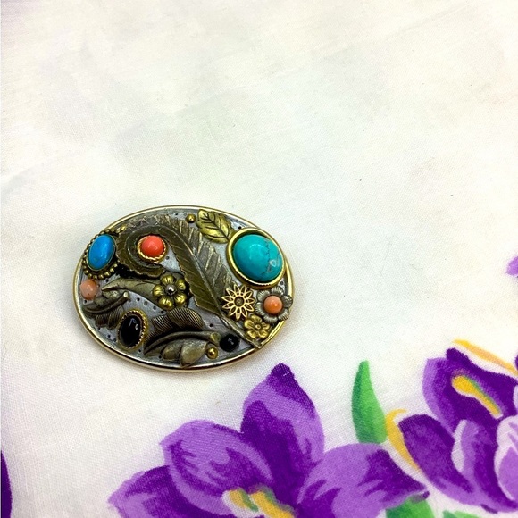 Michel Golan unique turquoise Onyx and Coral brooch - Picture 3 of 6